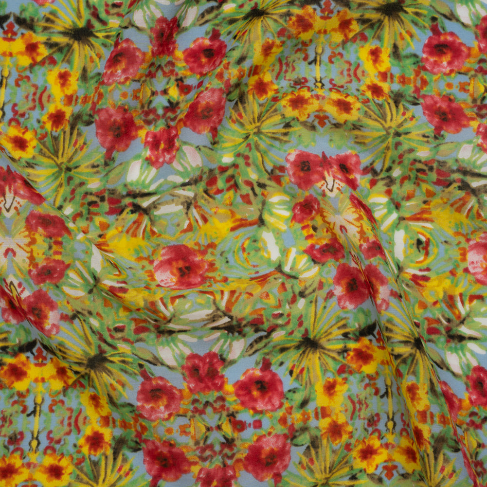 Silk and Cotton Voile Print - Bright Pink, Yellow and Light Blue Tropical Flower Medallions - Deadstock Silk and Cotton Voile Print - Bright Pink, Yellow and Light Blue Tropical Flower Medallions - Deadstock