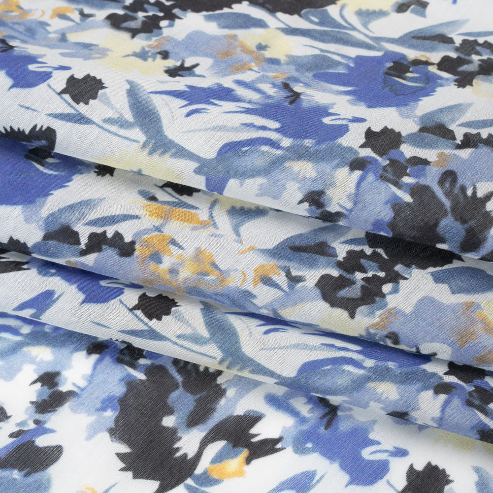 Silk and Cotton Voile Print - Blue, Yellow and White Floral - Deadstock Silk and Cotton Voile Print - Blue, Yellow and White Floral - Deadstock