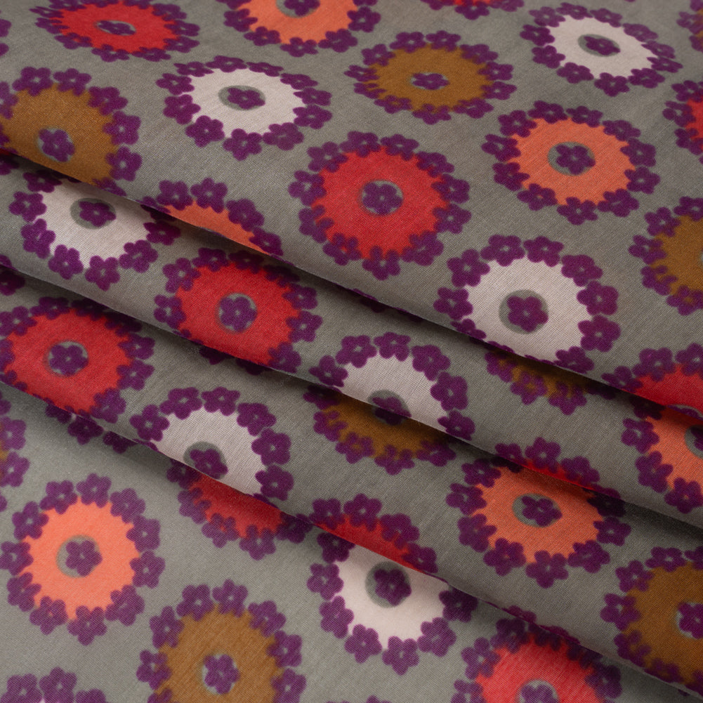 Silk and Cotton Voile Print - Gray, Purple and Pink Flower Medallions - Deadstock Silk and Cotton Voile Print - Gray, Purple and Pink Flower Medallions - Deadstock