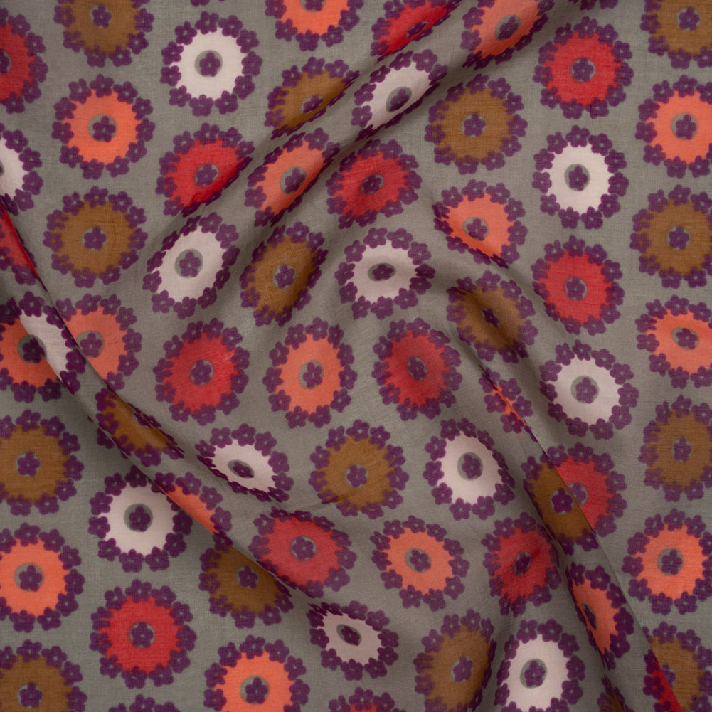 Silk and Cotton Voile Print - Gray, Purple and Pink Flower Medallions - Deadstock Silk and Cotton Voile Print - Gray, Purple and Pink Flower Medallions - Deadstock