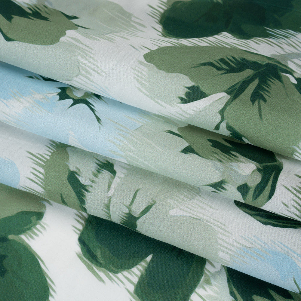 Silk and Cotton Voile Print - Sky Blue, Green and White Ikat-Inspired Floral - Deadstock Silk and Cotton Voile Print - Sky Blue, Green and White Ikat-Inspired Floral - Deadstock