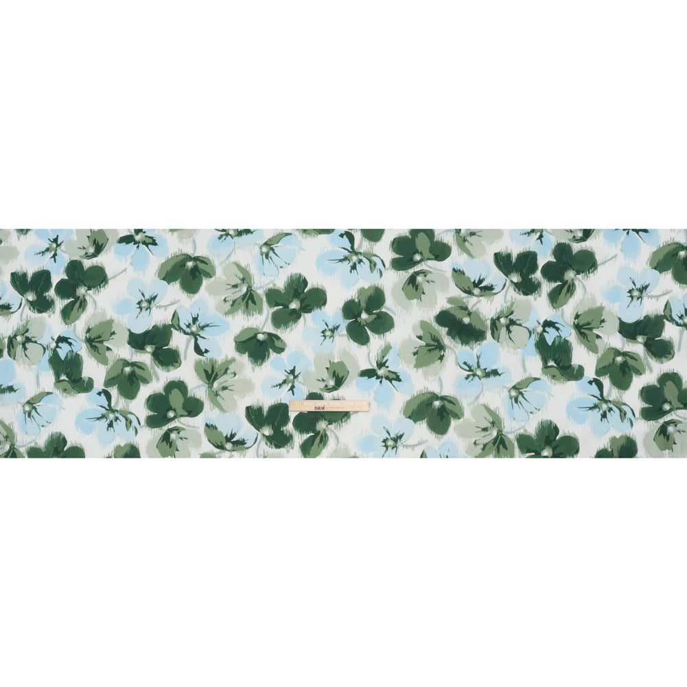 Silk and Cotton Voile Print - Sky Blue, Green and White Ikat-Inspired Floral - Deadstock Silk and Cotton Voile Print - Sky Blue, Green and White Ikat-Inspired Floral - Deadstock