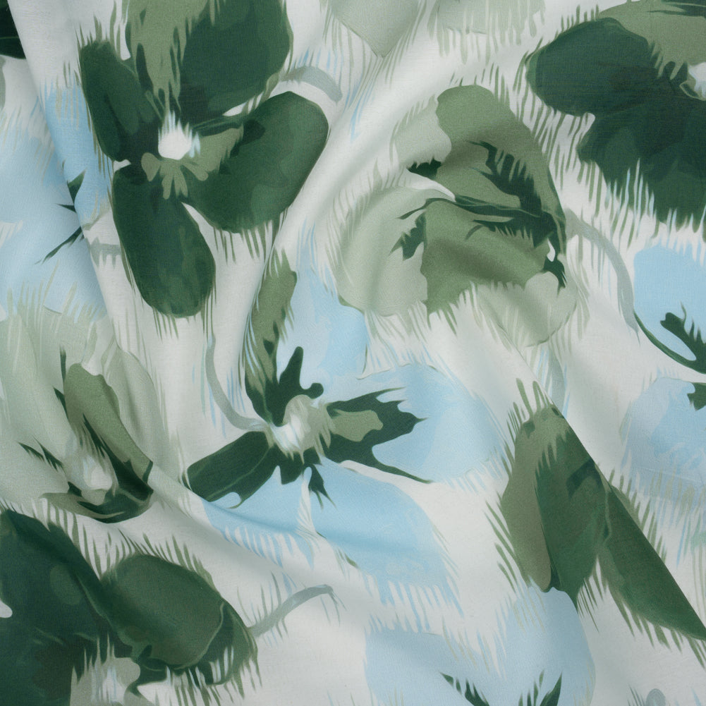 Silk and Cotton Voile Print - Sky Blue, Green and White Ikat-Inspired Floral - Deadstock Silk and Cotton Voile Print - Sky Blue, Green and White Ikat-Inspired Floral - Deadstock