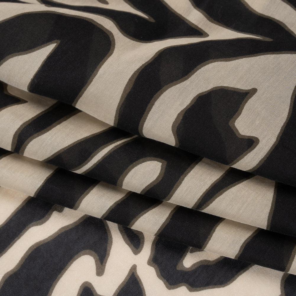 Silk and Cotton Voile - Beige, Dark Gray and Black Zebra Stripes - Deadstock - Folded Silk and Cotton Voile - Beige, Dark Gray and Black Zebra Stripes - Deadstock - Folded
