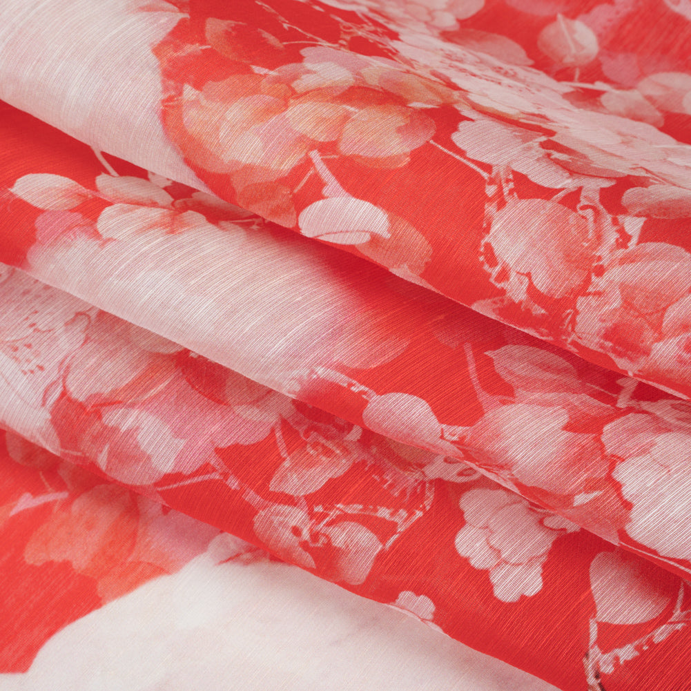 Lightweight Silk and Linen Woven Print - Red and White Peahens and Blossoms - Deadstock Lightweight Silk and Linen Woven Print - Red and White Peahens and Blossoms - Deadstock