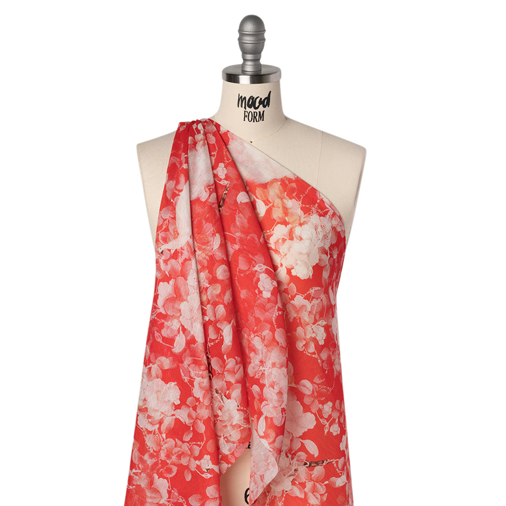 Lightweight Silk and Linen Woven Print - Red and White Peahens and Blossoms - Deadstock Lightweight Silk and Linen Woven Print - Red and White Peahens and Blossoms - Deadstock