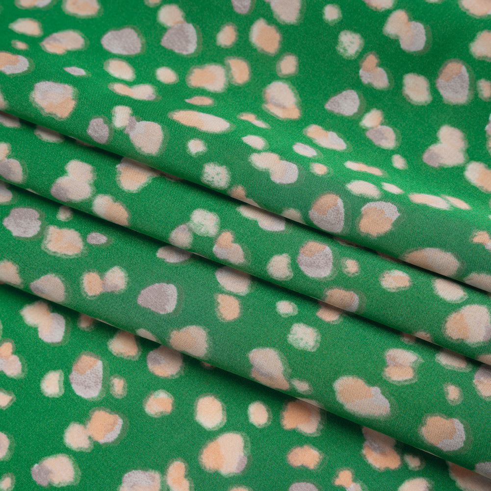 Polyester Satin Print - Kelly Green, Beige and Gray Abstract Dots - Designer Deadstock Polyester Satin Print - Kelly Green, Beige and Gray Abstract Dots - Designer Deadstock