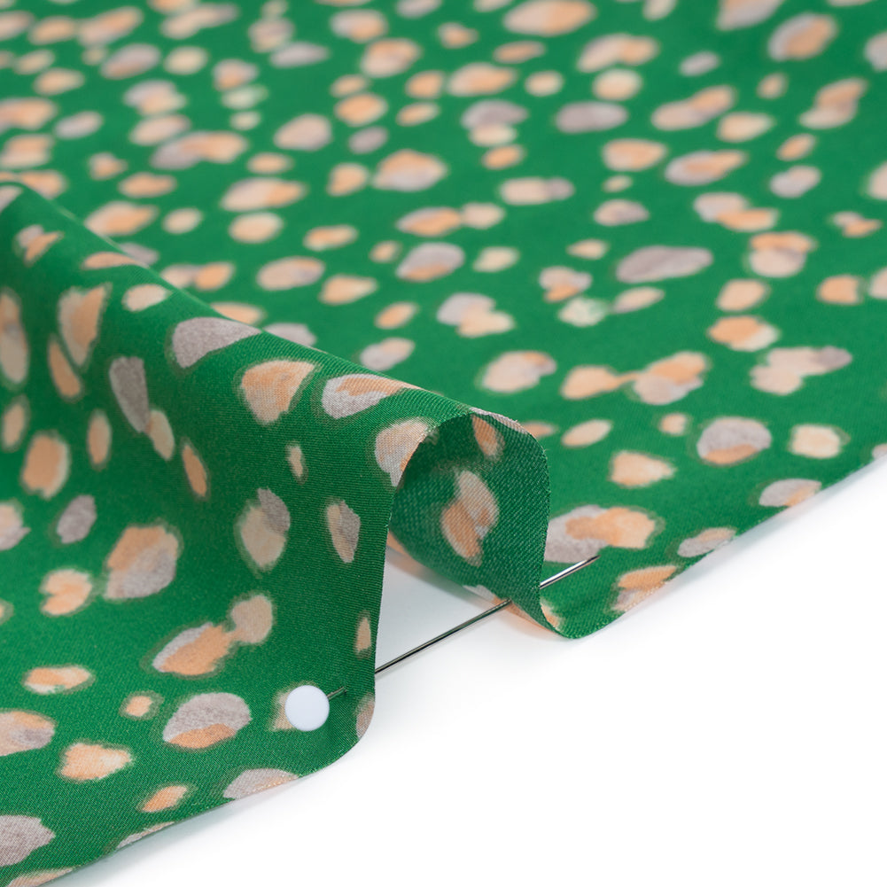 Polyester Satin Print - Kelly Green, Beige and Gray Abstract Dots - Designer Deadstock Polyester Satin Print - Kelly Green, Beige and Gray Abstract Dots - Designer Deadstock