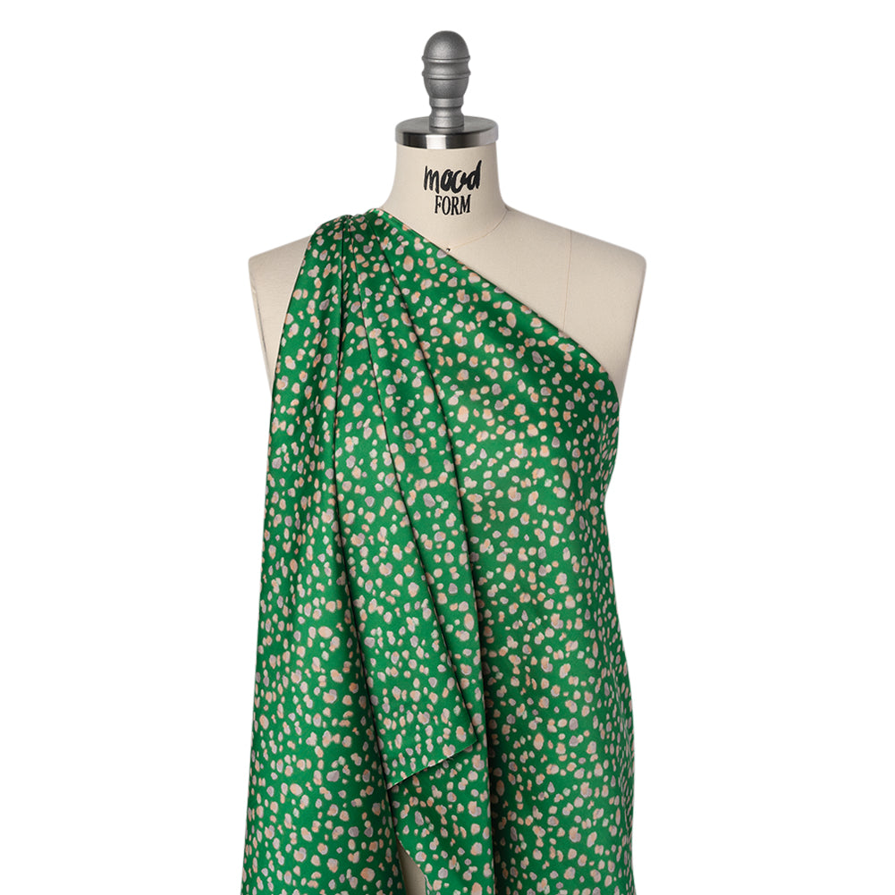 Polyester Satin Print - Kelly Green, Beige and Gray Abstract Dots - Designer Deadstock Polyester Satin Print - Kelly Green, Beige and Gray Abstract Dots - Designer Deadstock