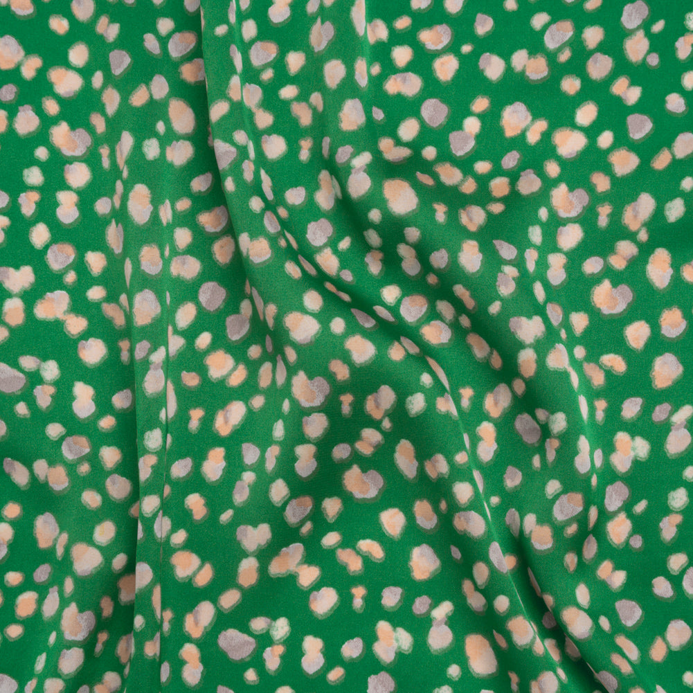 Polyester Satin Print - Kelly Green, Beige and Gray Abstract Dots - Designer Deadstock Polyester Satin Print - Kelly Green, Beige and Gray Abstract Dots - Designer Deadstock
