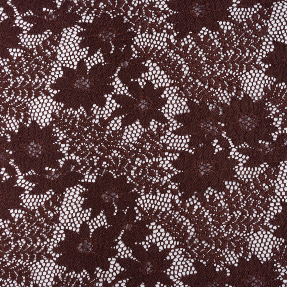 Nylon Re-Embroidered Stretch Lace - Chocolate Brown Flowers and Little Leaves - Designer Deadstock Nylon Re-Embroidered Stretch Lace - Chocolate Brown Flowers and Little Leaves - Designer Deadstock