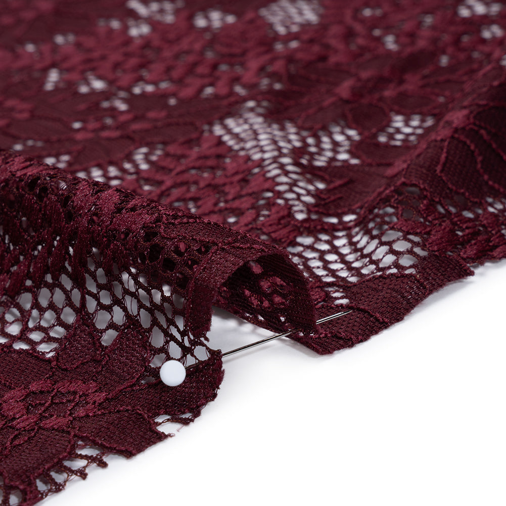 Nylon Re-Embroidered Stretch Lace - Burgundy Flowers and Little Leaves - Designer Deadstock Nylon Re-Embroidered Stretch Lace - Burgundy Flowers and Little Leaves - Designer Deadstock