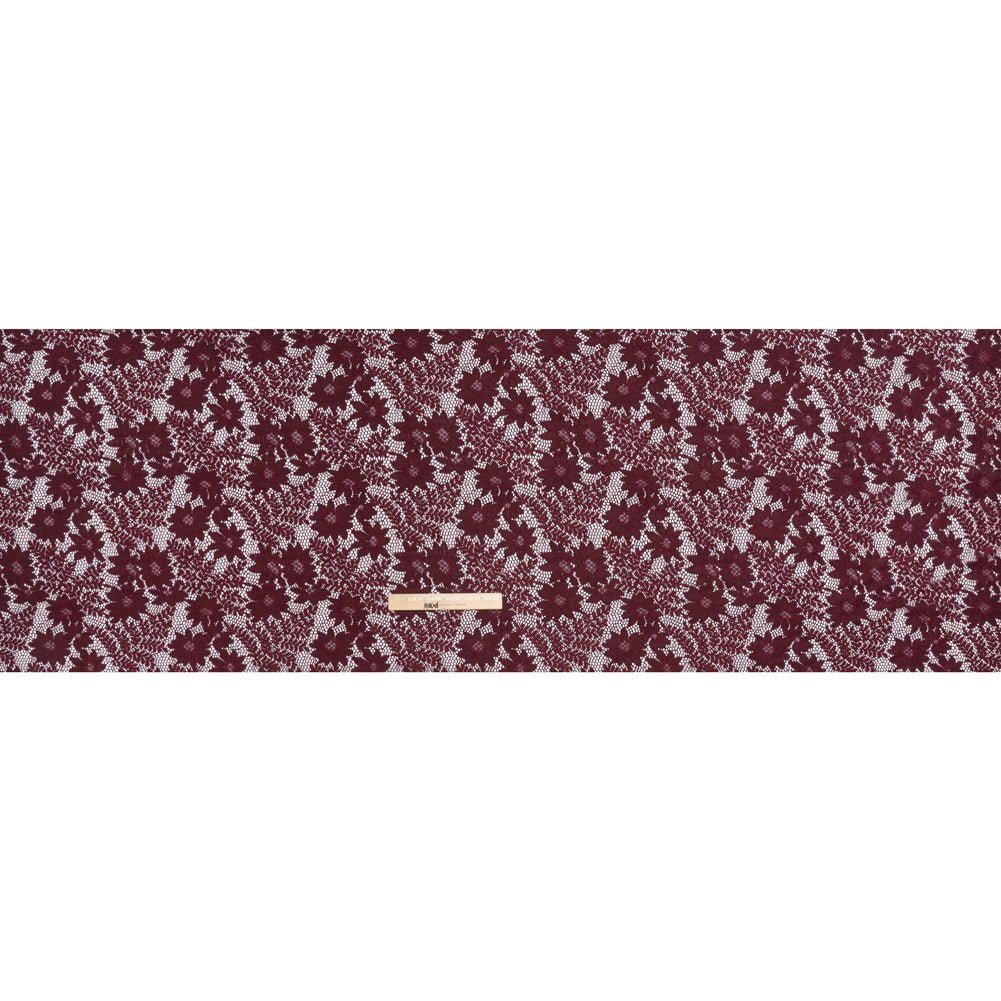 Nylon Re-Embroidered Stretch Lace - Burgundy Flowers and Little Leaves - Designer Deadstock Nylon Re-Embroidered Stretch Lace - Burgundy Flowers and Little Leaves - Designer Deadstock