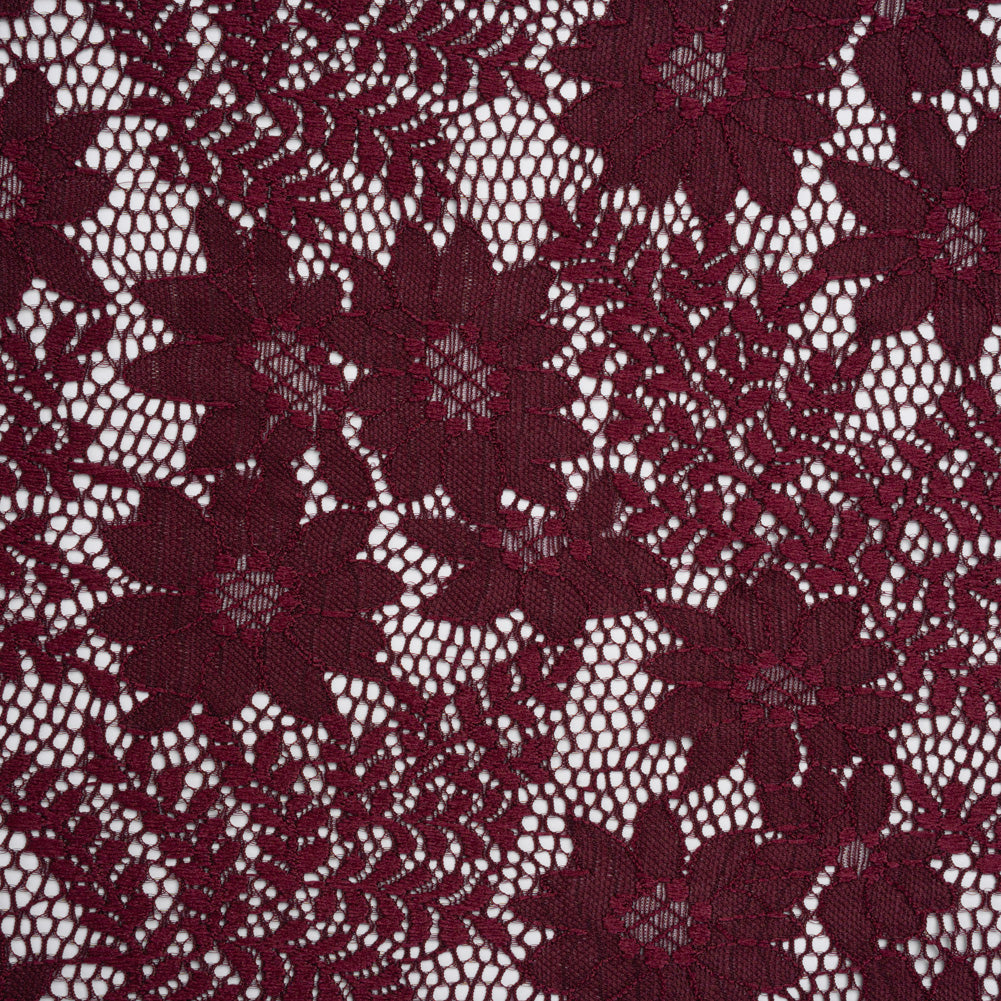 Nylon Re-Embroidered Stretch Lace - Burgundy Flowers and Little Leaves - Designer Deadstock Nylon Re-Embroidered Stretch Lace - Burgundy Flowers and Little Leaves - Designer Deadstock