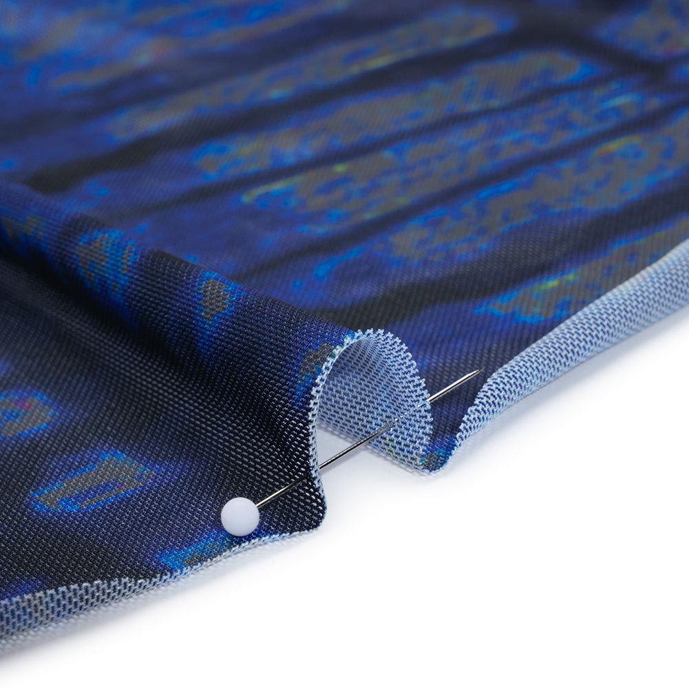 Polyester Stretch Mesh - Electric Blue, Olive and Black Abstract Plaid - Designer Deadstock Polyester Stretch Mesh - Electric Blue, Olive and Black Abstract Plaid - Designer Deadstock