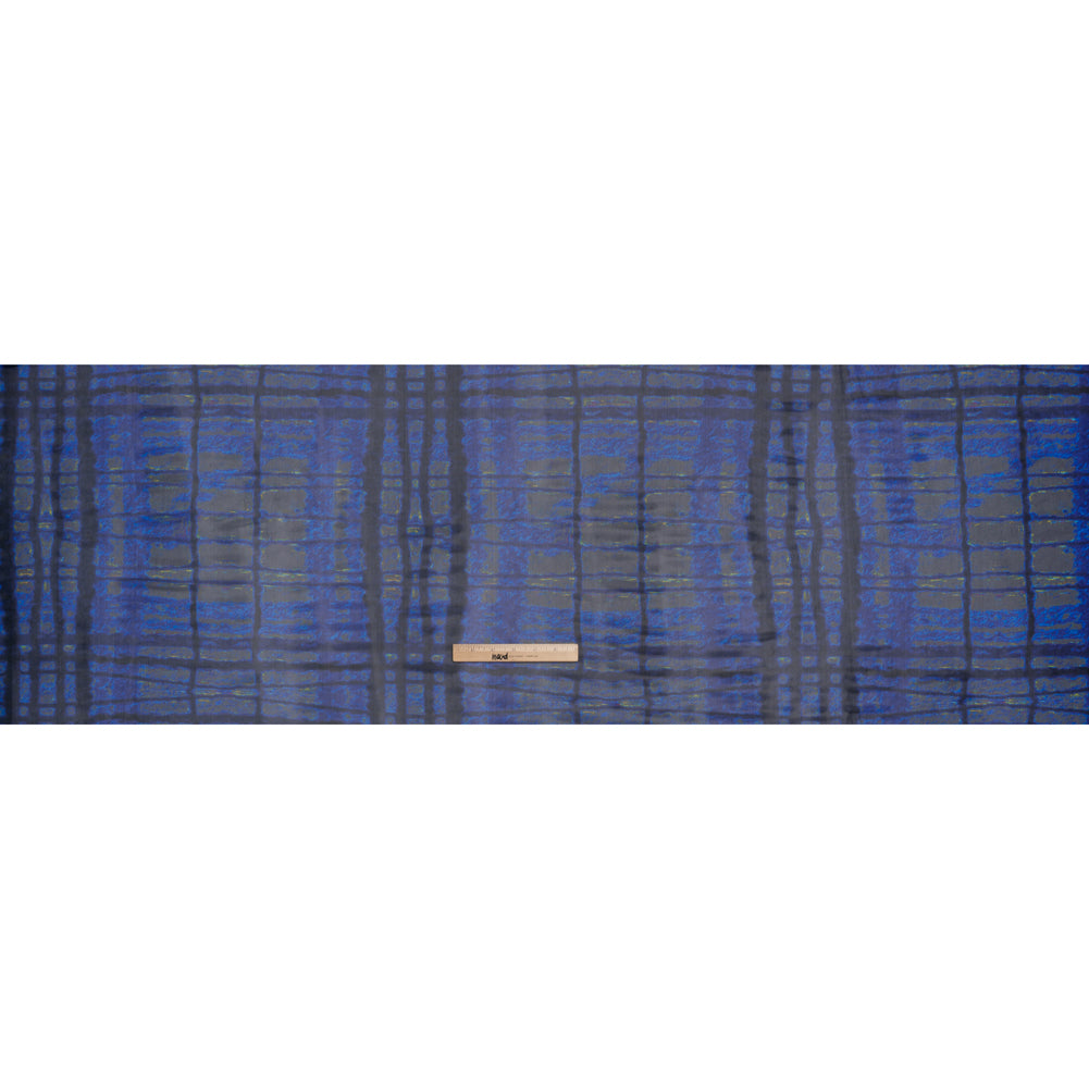 Polyester Stretch Mesh - Electric Blue, Olive and Black Abstract Plaid - Designer Deadstock Polyester Stretch Mesh - Electric Blue, Olive and Black Abstract Plaid - Designer Deadstock