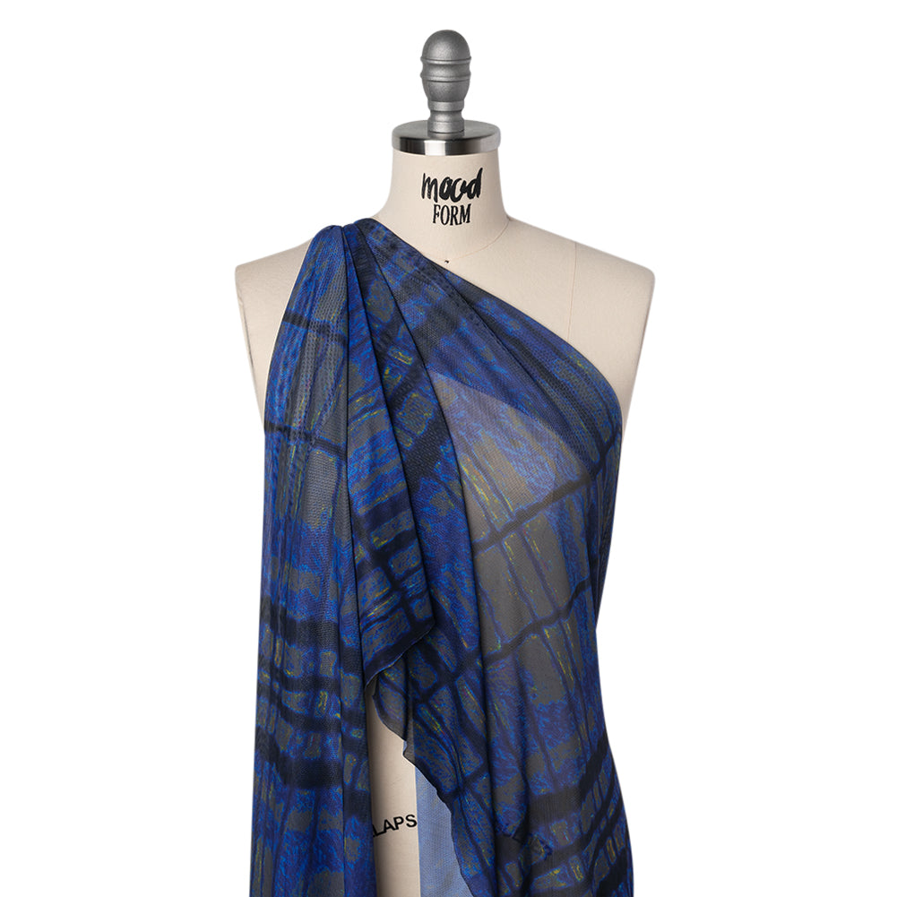 Polyester Stretch Mesh - Electric Blue, Olive and Black Abstract Plaid - Designer Deadstock Polyester Stretch Mesh - Electric Blue, Olive and Black Abstract Plaid - Designer Deadstock