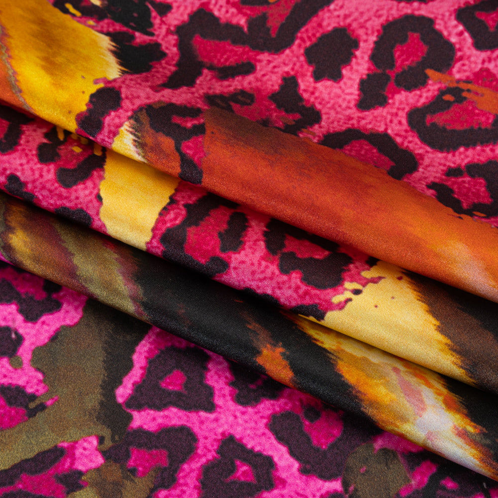 Silk Charmeuse Panel 16MM, Made in Italy - Hot Pink, Red and Beige Abstract Flow with Leopard Print Floral Silhouettes Silk Charmeuse Panel 16MM, Made in Italy - Hot Pink, Red and Beige Abstract Flow with Leopard Print Floral Silhouettes