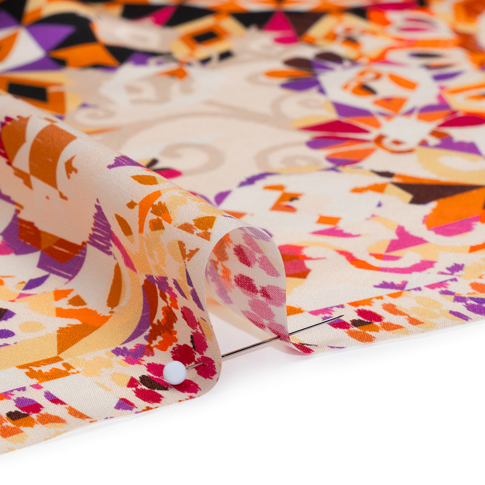 Silk Charmeuse Panel 16MM, Made in Italy - Pink, Purple and Orange Geometric Kaleidoscope Medallions Silk Charmeuse Panel 16MM, Made in Italy - Pink, Purple and Orange Geometric Kaleidoscope Medallions