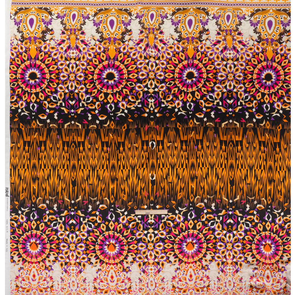 Silk Charmeuse Panel 16MM, Made in Italy - Pink, Purple and Orange Geometric Kaleidoscope Medallions Silk Charmeuse Panel 16MM, Made in Italy - Pink, Purple and Orange Geometric Kaleidoscope Medallions