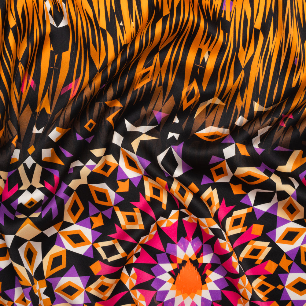 Silk Charmeuse Panel 16MM, Made in Italy - Pink, Purple and Orange Geometric Kaleidoscope Medallions Silk Charmeuse Panel 16MM, Made in Italy - Pink, Purple and Orange Geometric Kaleidoscope Medallions