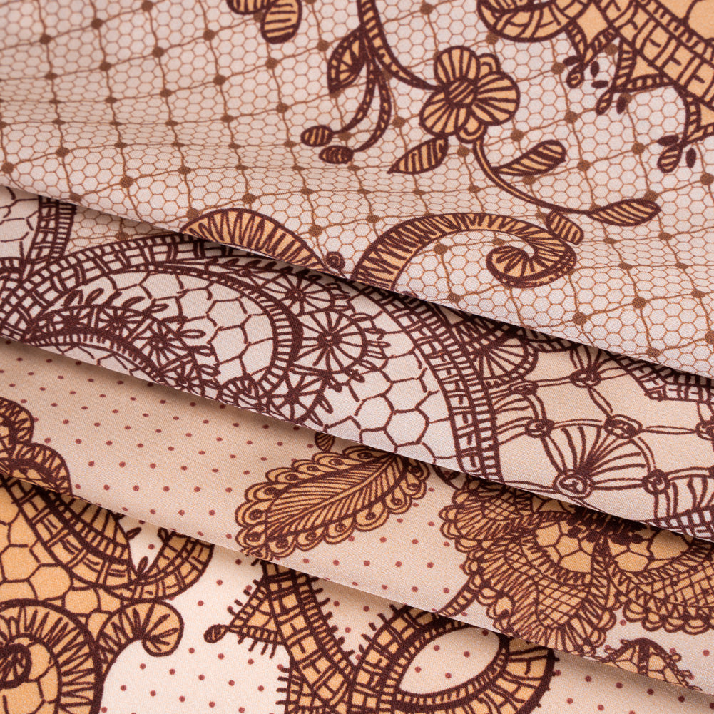 Silk Charmeuse Print 16MM, Made in Italy - Light Peach and Burgundy Lockets and Lace Silk Charmeuse Print 16MM, Made in Italy - Light Peach and Burgundy Lockets and Lace