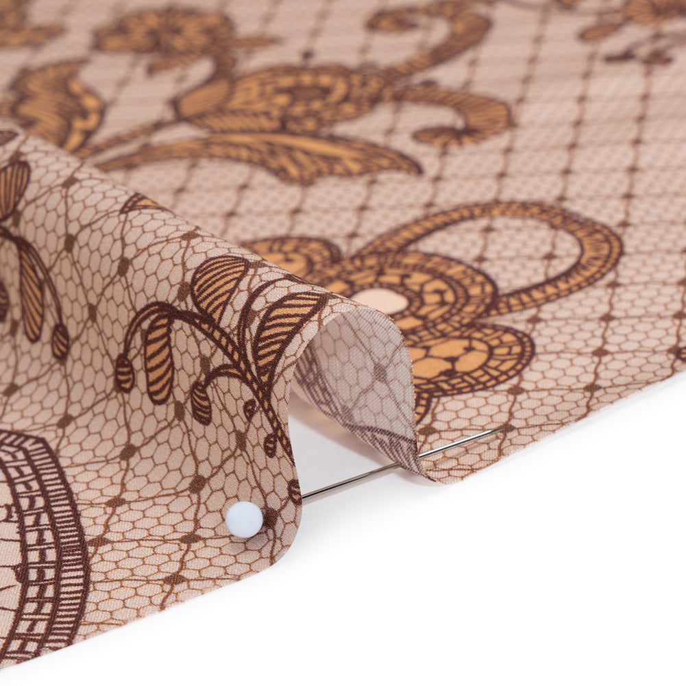 Silk Charmeuse Print 16MM, Made in Italy - Light Peach and Burgundy Lockets and Lace Silk Charmeuse Print 16MM, Made in Italy - Light Peach and Burgundy Lockets and Lace