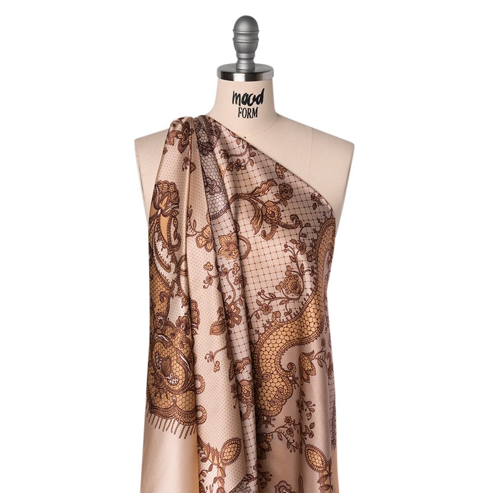Silk Charmeuse Print 16MM, Made in Italy - Light Peach and Burgundy Lockets and Lace Silk Charmeuse Print 16MM, Made in Italy - Light Peach and Burgundy Lockets and Lace