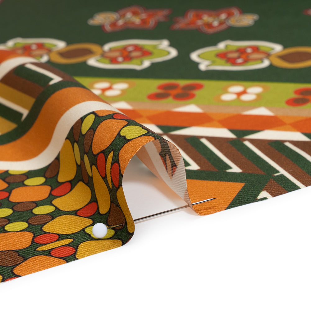 Silk Charmeuse Print 16MM, Made in Italy - Green, Brown and Orange Patchwork Squares with Flowers and Stripes Silk Charmeuse Print 16MM, Made in Italy - Green, Brown and Orange Patchwork Squares with Flowers and Stripes