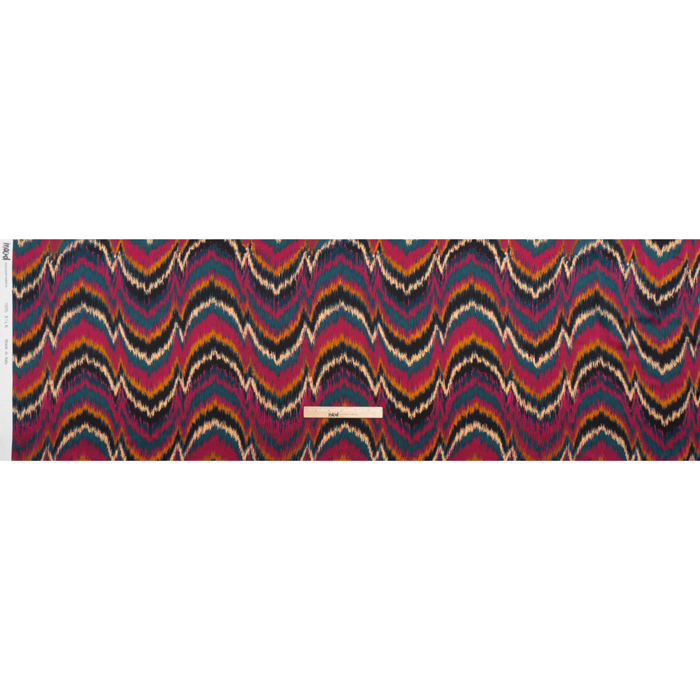 Silk Charmeuse Print 16MM, Made in Italy - Navy, Magenta and Gold Ikat Marbled Waves Silk Charmeuse Print 16MM, Made in Italy - Navy, Magenta and Gold Ikat Marbled Waves
