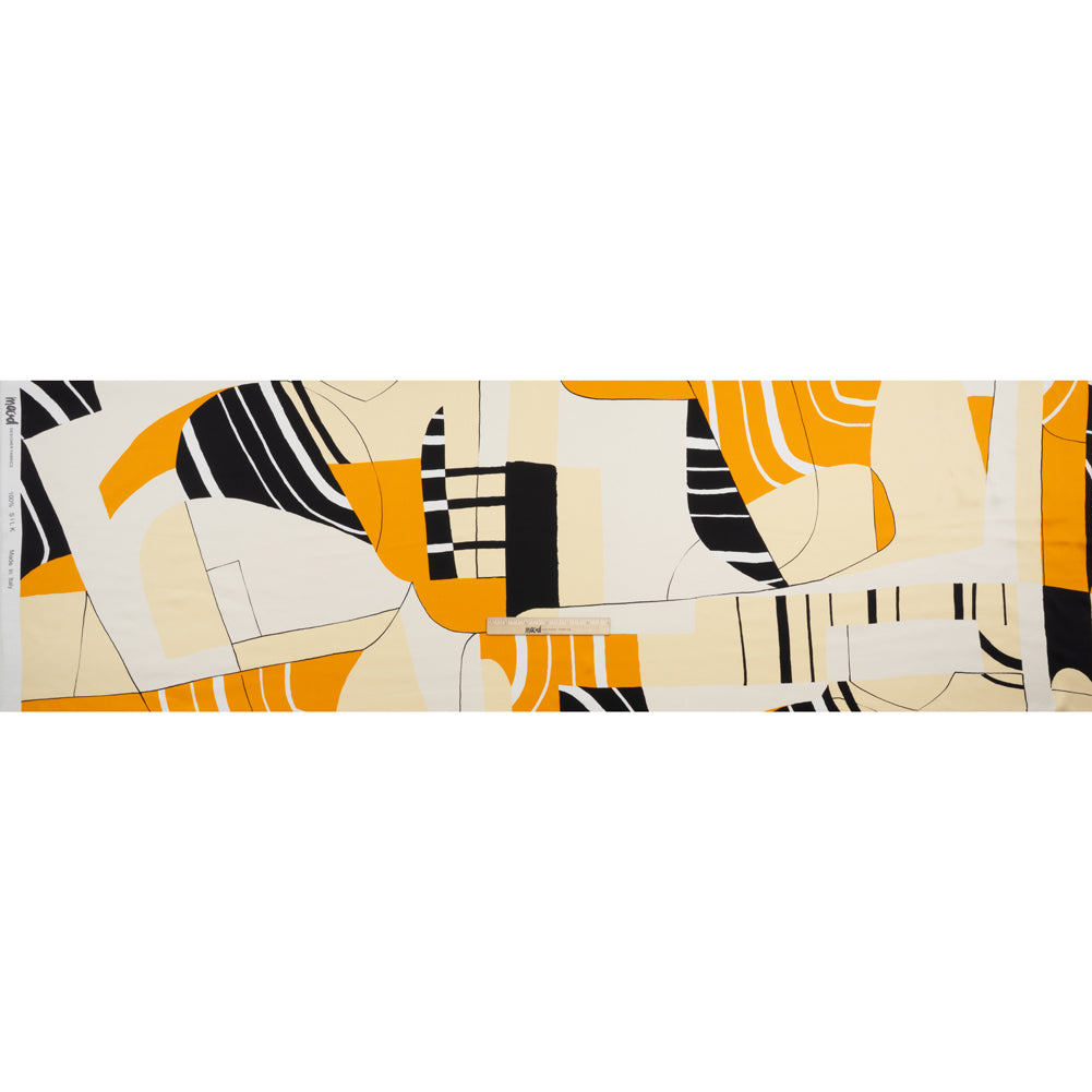 Silk Charmeuse Print 16MM, Made in Italy - Off White, Golden Yellow and Black Abstract Silk Charmeuse Print 16MM, Made in Italy - Off White, Golden Yellow and Black Abstract