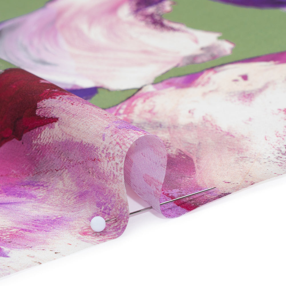 Silk Charmeuse Print 16MM, Made in Italy - Sage Green, Purple and Pink Painterly Flowers Silk Charmeuse Print 16MM, Made in Italy - Sage Green, Purple and Pink Painterly Flowers