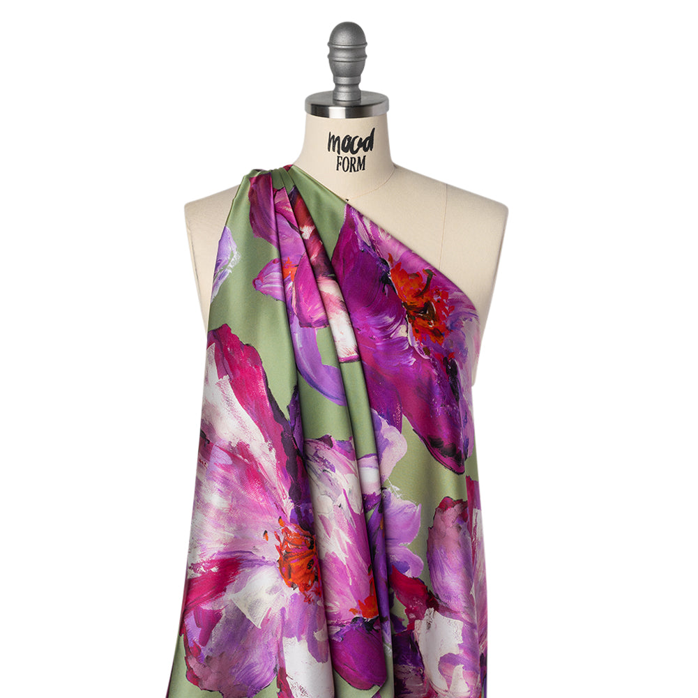 Silk Charmeuse Print 16MM, Made in Italy - Sage Green, Purple and Pink Painterly Flowers Silk Charmeuse Print 16MM, Made in Italy - Sage Green, Purple and Pink Painterly Flowers