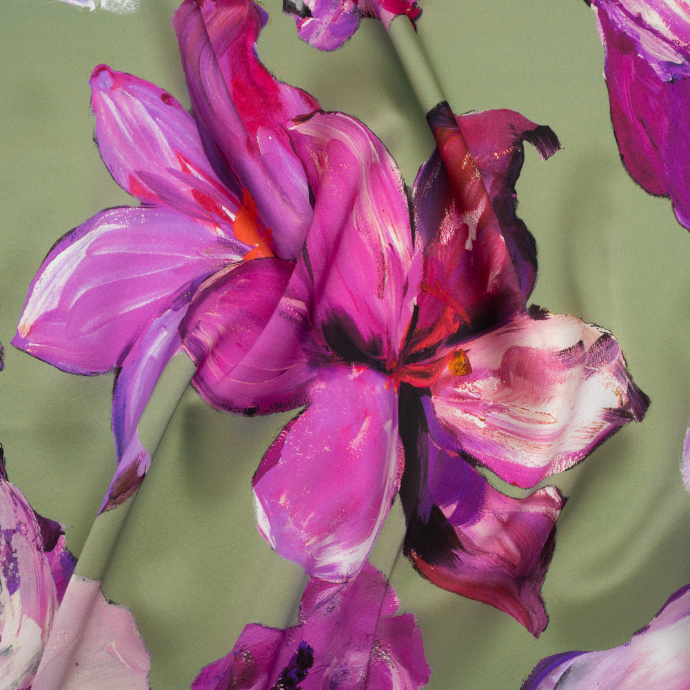 Silk Charmeuse Print 16MM, Made in Italy - Sage Green, Purple and Pink Painterly Flowers Silk Charmeuse Print 16MM, Made in Italy - Sage Green, Purple and Pink Painterly Flowers