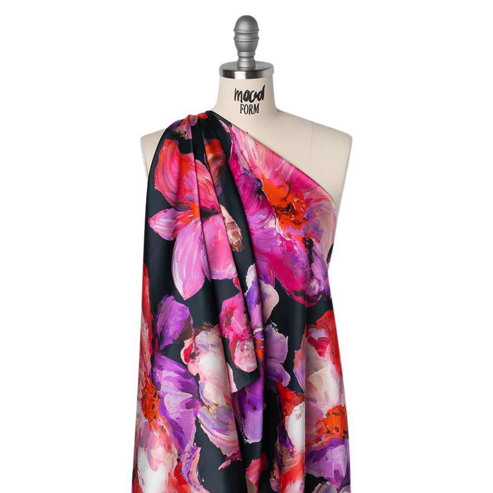 Silk Charmeuse Print 16MM, Made in Italy - Navy, Purple and Pink Painterly Flowers Silk Charmeuse Print 16MM, Made in Italy - Navy, Purple and Pink Painterly Flowers