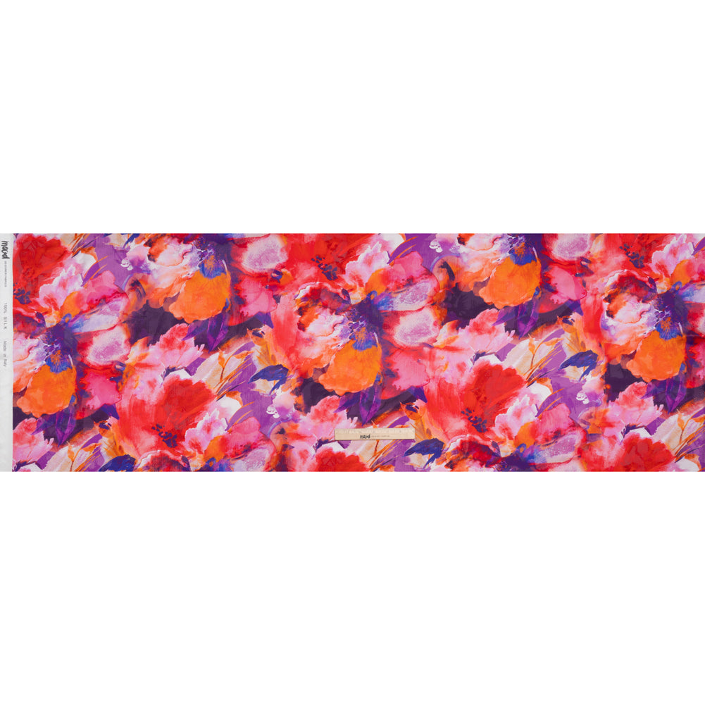 Silk Charmeuse Print 16MM, Made in Italy - Purple, Crimson and Orange Watercolor Flowers Silk Charmeuse Print 16MM, Made in Italy - Purple, Crimson and Orange Watercolor Flowers