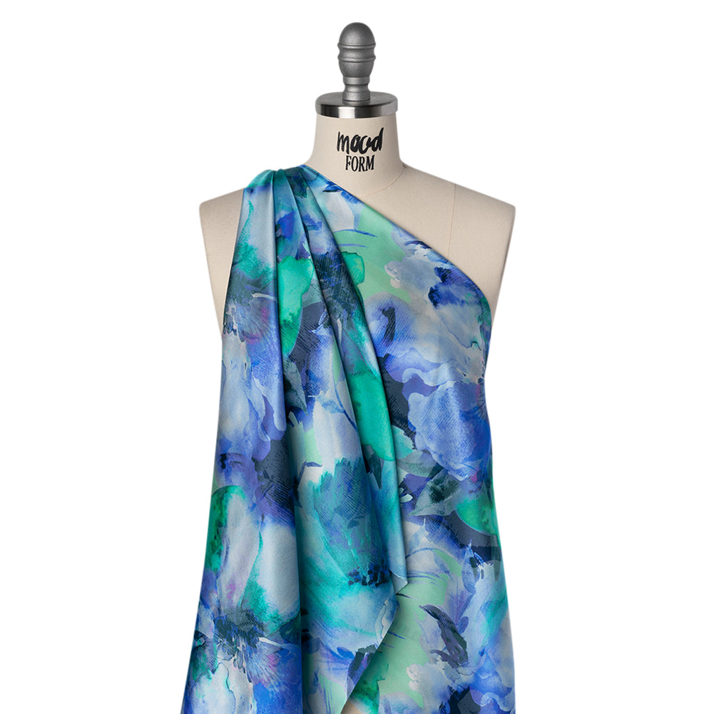 Silk Charmeuse Print 16MM, Made in Italy - Blue, Green and Light Purple Watercolor Flowers Silk Charmeuse Print 16MM, Made in Italy - Blue, Green and Light Purple Watercolor Flowers