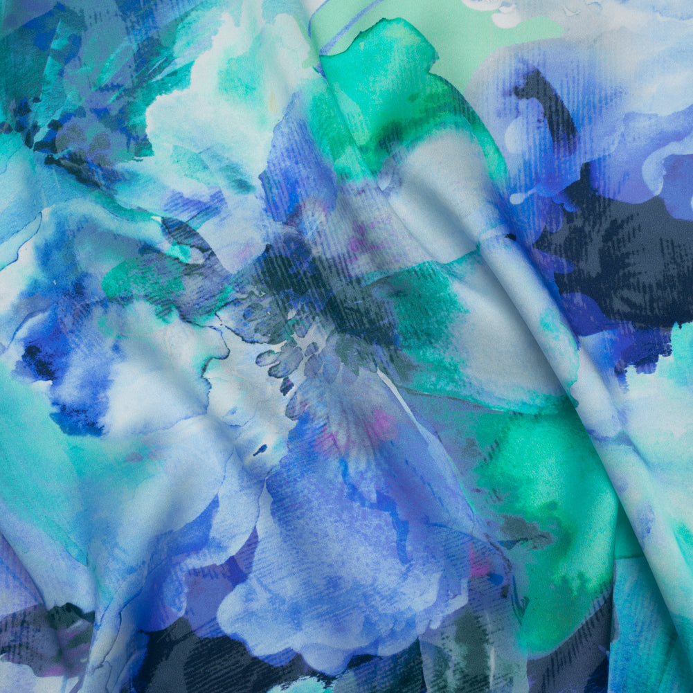 Silk Charmeuse Print 16MM, Made in Italy - Blue, Green and Light Purple Watercolor Flowers Silk Charmeuse Print 16MM, Made in Italy - Blue, Green and Light Purple Watercolor Flowers
