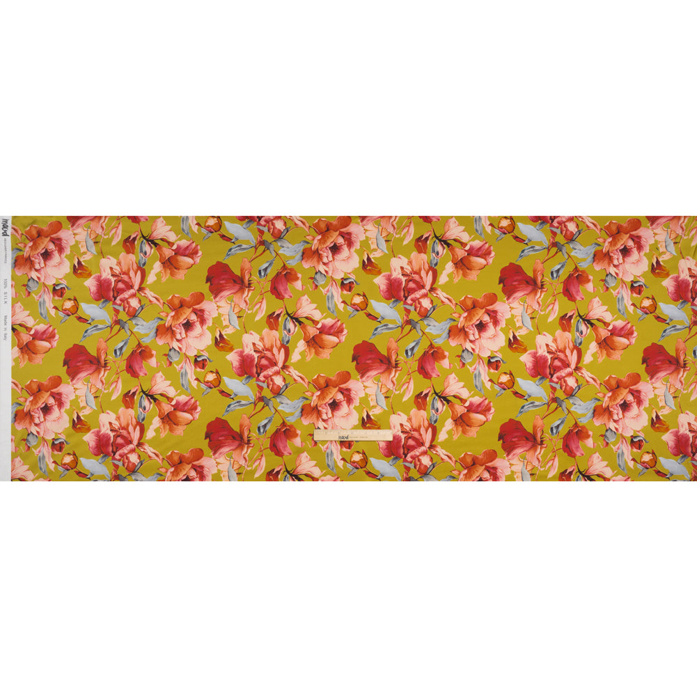 Silk Charmeuse Print 16MM, Made in Italy - Chartreuse and Red Blooming Roses Silk Charmeuse Print 16MM, Made in Italy - Chartreuse and Red Blooming Roses