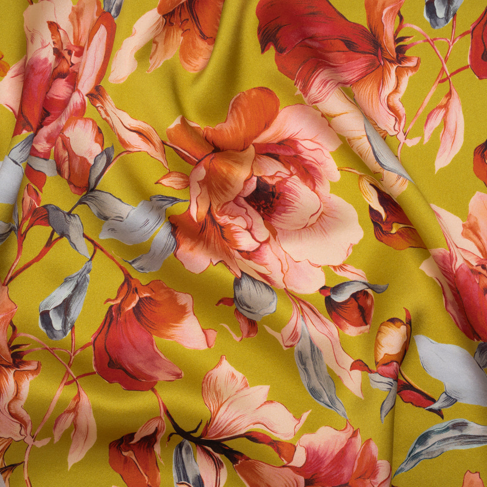 Silk Charmeuse Print 16MM, Made in Italy - Chartreuse and Red Blooming Roses Silk Charmeuse Print 16MM, Made in Italy - Chartreuse and Red Blooming Roses