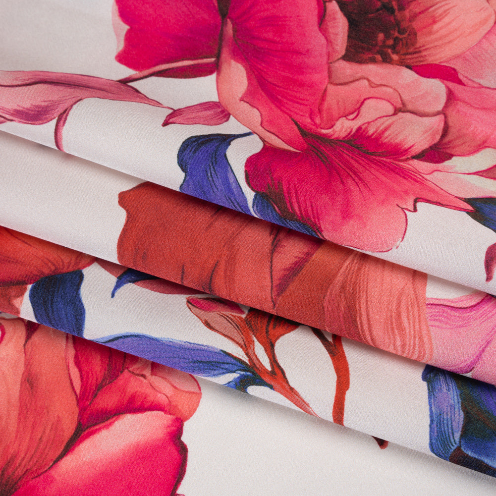 Silk Charmeuse Print 16MM, Made in Italy - White, Bright Pink and Blue Blooming Roses Silk Charmeuse Print 16MM, Made in Italy - White, Bright Pink and Blue Blooming Roses