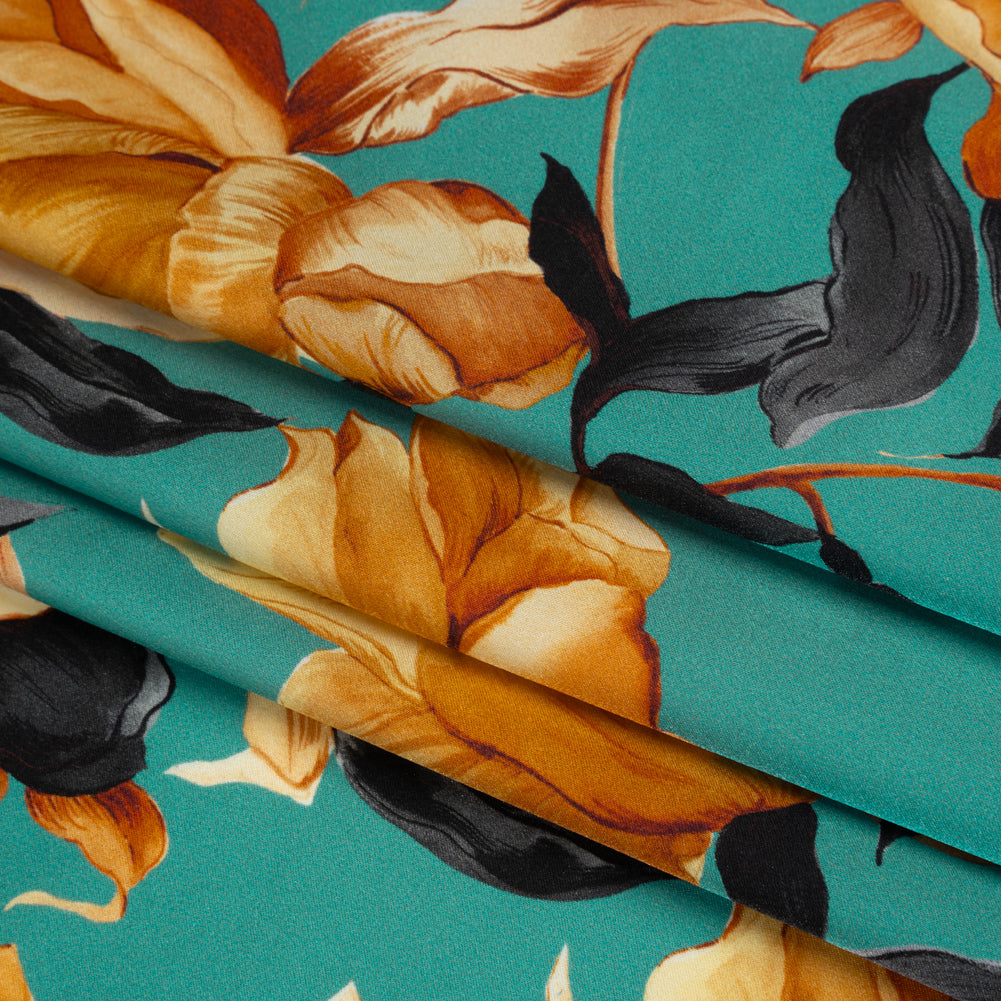 Silk Charmeuse Print 16MM, Made in Italy - Teal, Earthy Orange and Charcoal Blooming Roses Silk Charmeuse Print 16MM, Made in Italy - Teal, Earthy Orange and Charcoal Blooming Roses