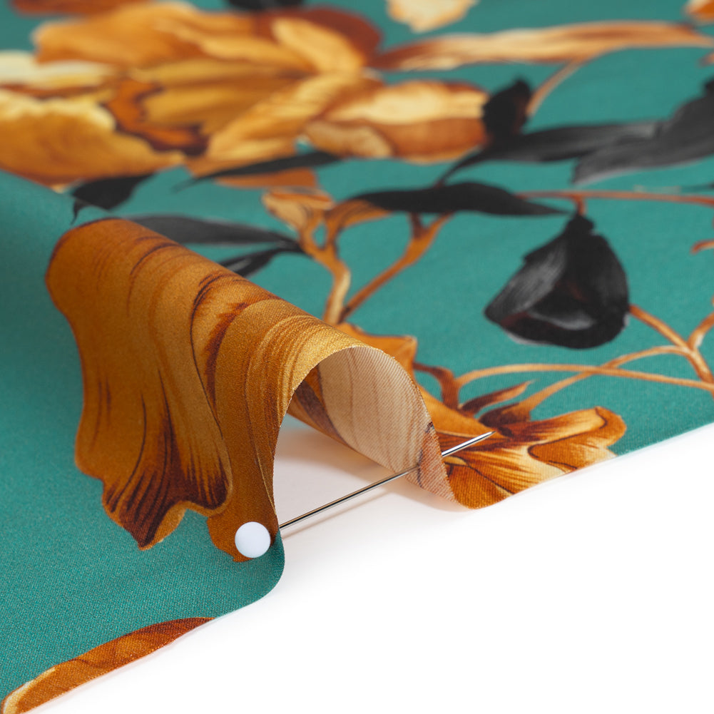 Silk Charmeuse Print 16MM, Made in Italy - Teal, Earthy Orange and Charcoal Blooming Roses Silk Charmeuse Print 16MM, Made in Italy - Teal, Earthy Orange and Charcoal Blooming Roses