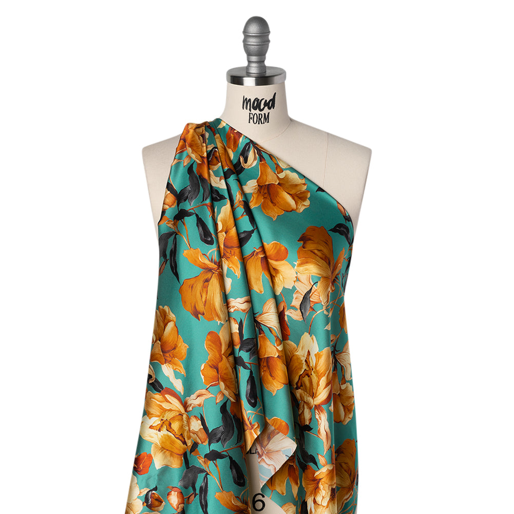 Silk Charmeuse Print 16MM, Made in Italy - Teal, Earthy Orange and Charcoal Blooming Roses Silk Charmeuse Print 16MM, Made in Italy - Teal, Earthy Orange and Charcoal Blooming Roses