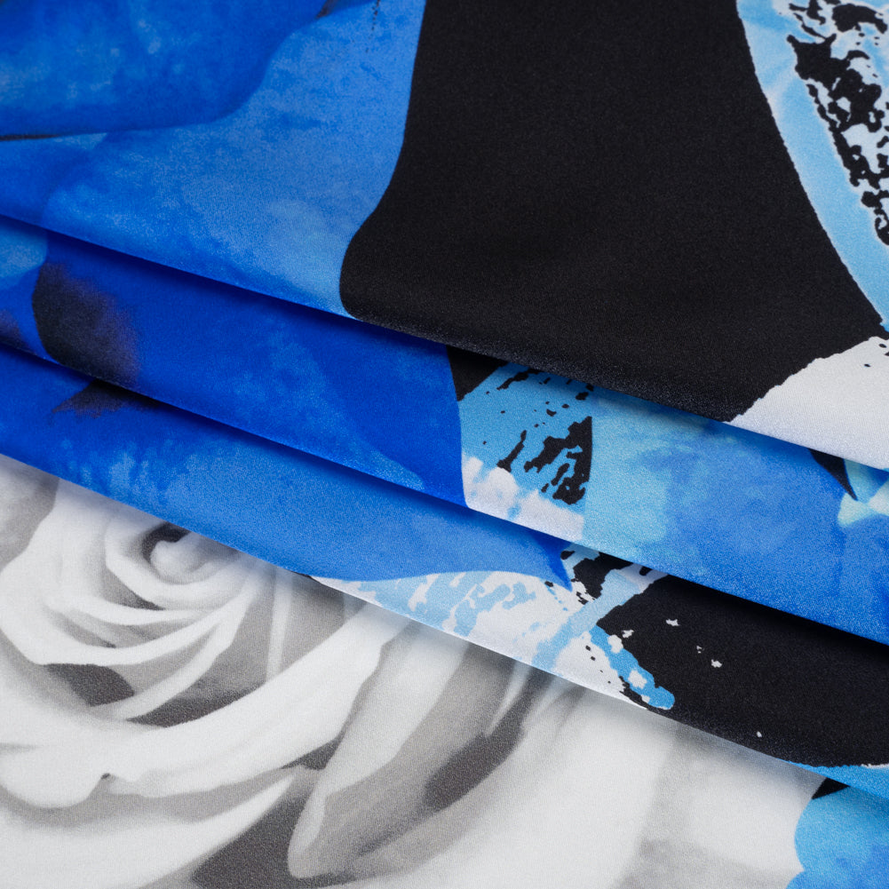 Silk Charmeuse Print 16MM, Made in Italy - Blue, White and Black Rose Bouquet Silk Charmeuse Print 16MM, Made in Italy - Blue, White and Black Rose Bouquet