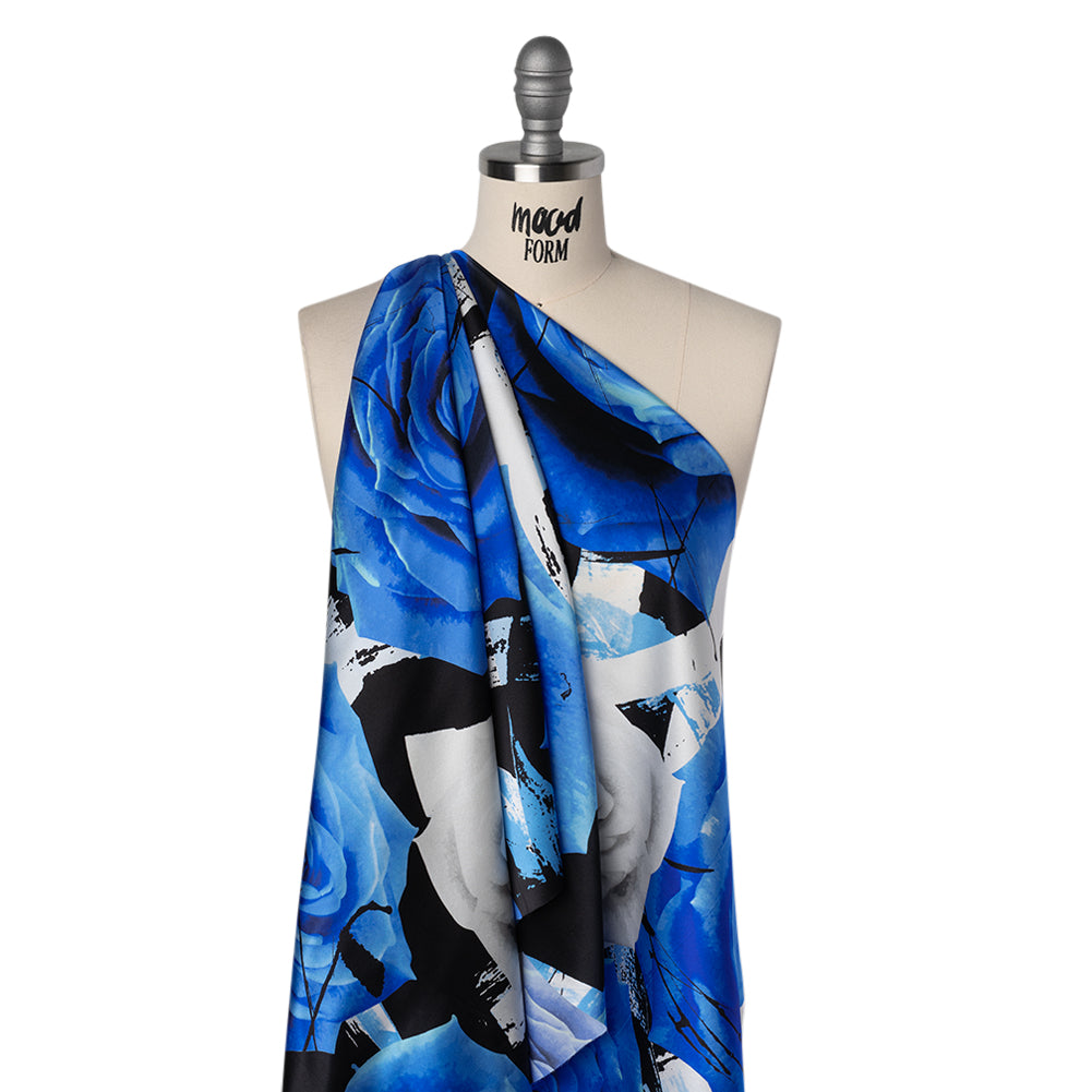 Silk Charmeuse Print 16MM, Made in Italy - Blue, White and Black Rose Bouquet Silk Charmeuse Print 16MM, Made in Italy - Blue, White and Black Rose Bouquet