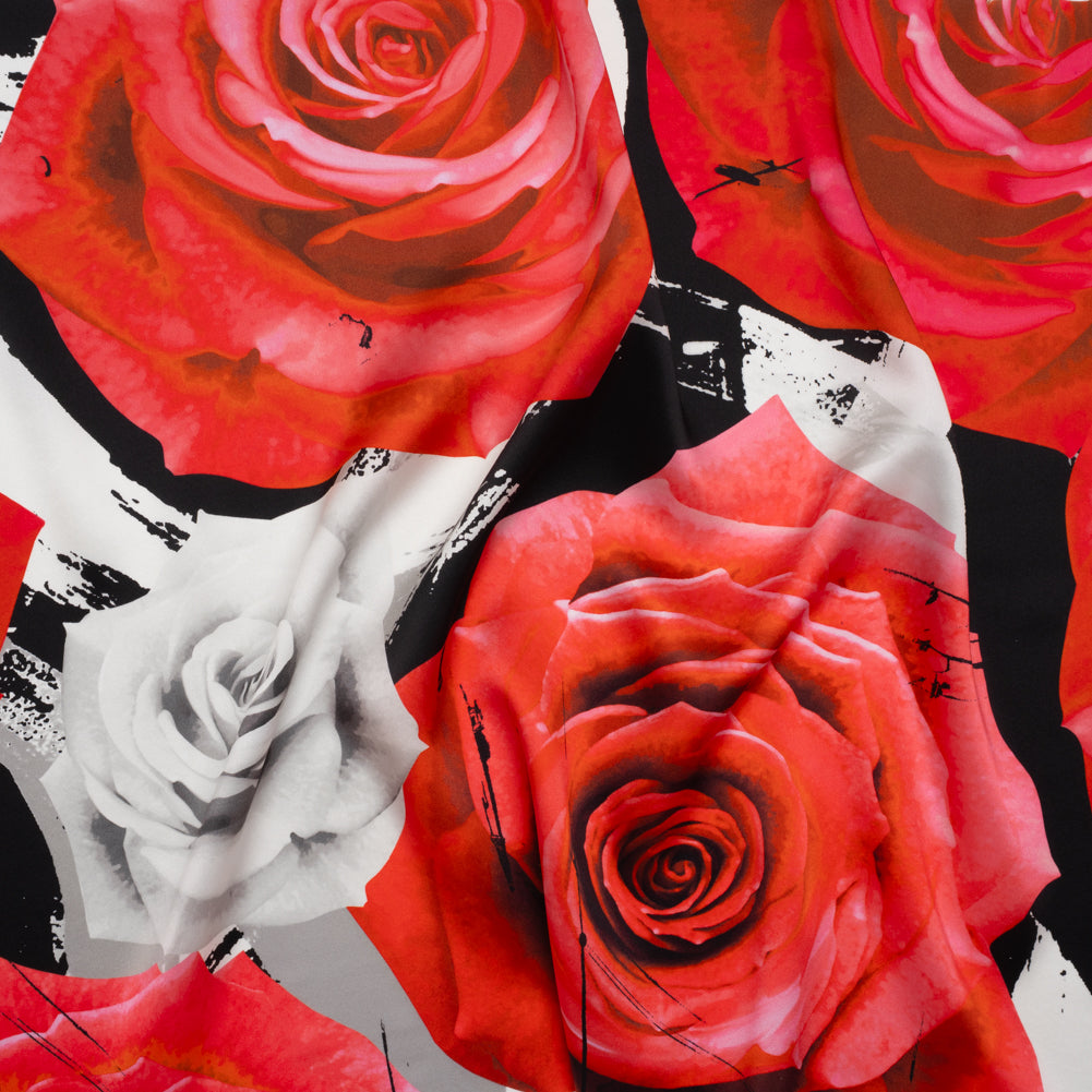 Silk Charmeuse Print 16MM, Made in Italy - Red, White and Black Rose Bouquet Silk Charmeuse Print 16MM, Made in Italy - Red, White and Black Rose Bouquet