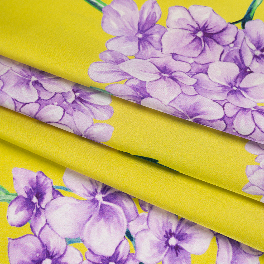 Silk Charmeuse Print 16MM, Made in Italy - Chartreuse and Lilac Hydrangeas Silk Charmeuse Print 16MM, Made in Italy - Chartreuse and Lilac Hydrangeas