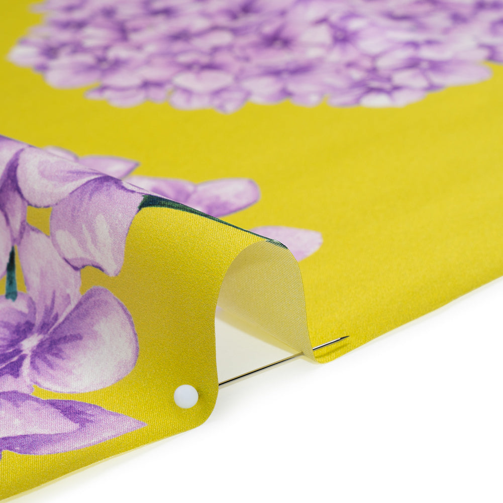 Silk Charmeuse Print 16MM, Made in Italy - Chartreuse and Lilac Hydrangeas Silk Charmeuse Print 16MM, Made in Italy - Chartreuse and Lilac Hydrangeas