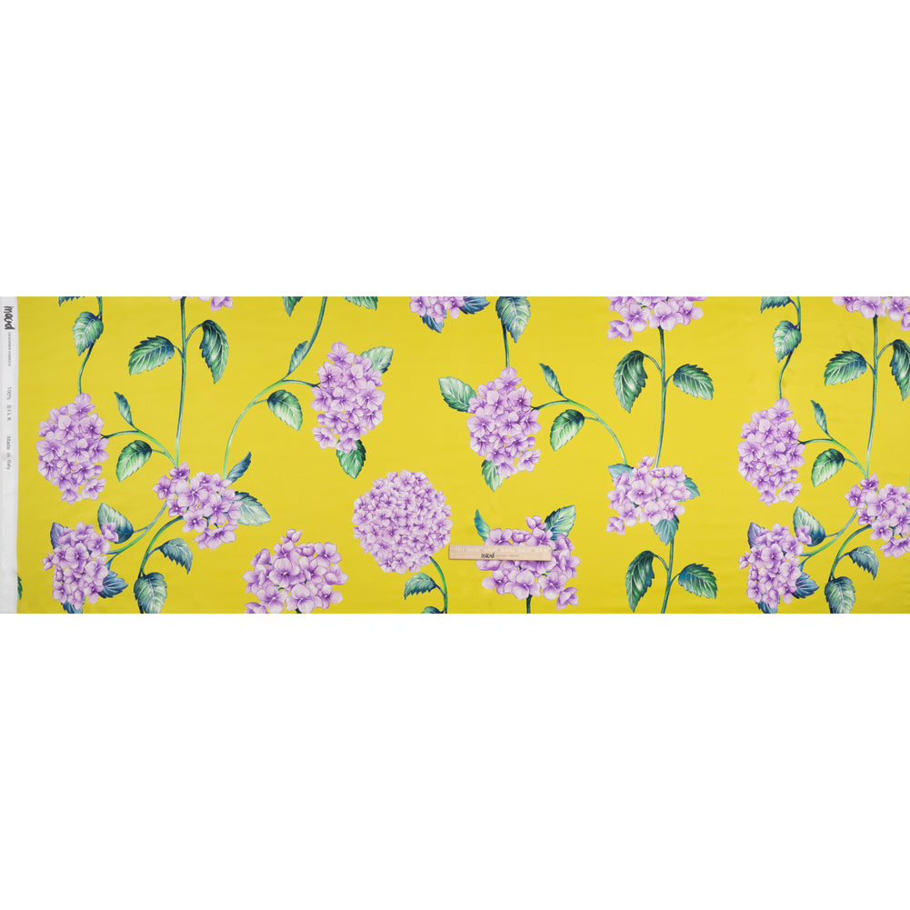 Silk Charmeuse Print 16MM, Made in Italy - Chartreuse and Lilac Hydrangeas Silk Charmeuse Print 16MM, Made in Italy - Chartreuse and Lilac Hydrangeas